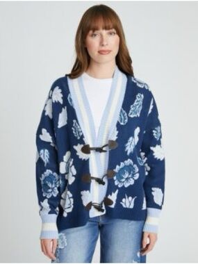 Brand New DRIFTWOOD Blue Floral Toggle Cardigan Sweater